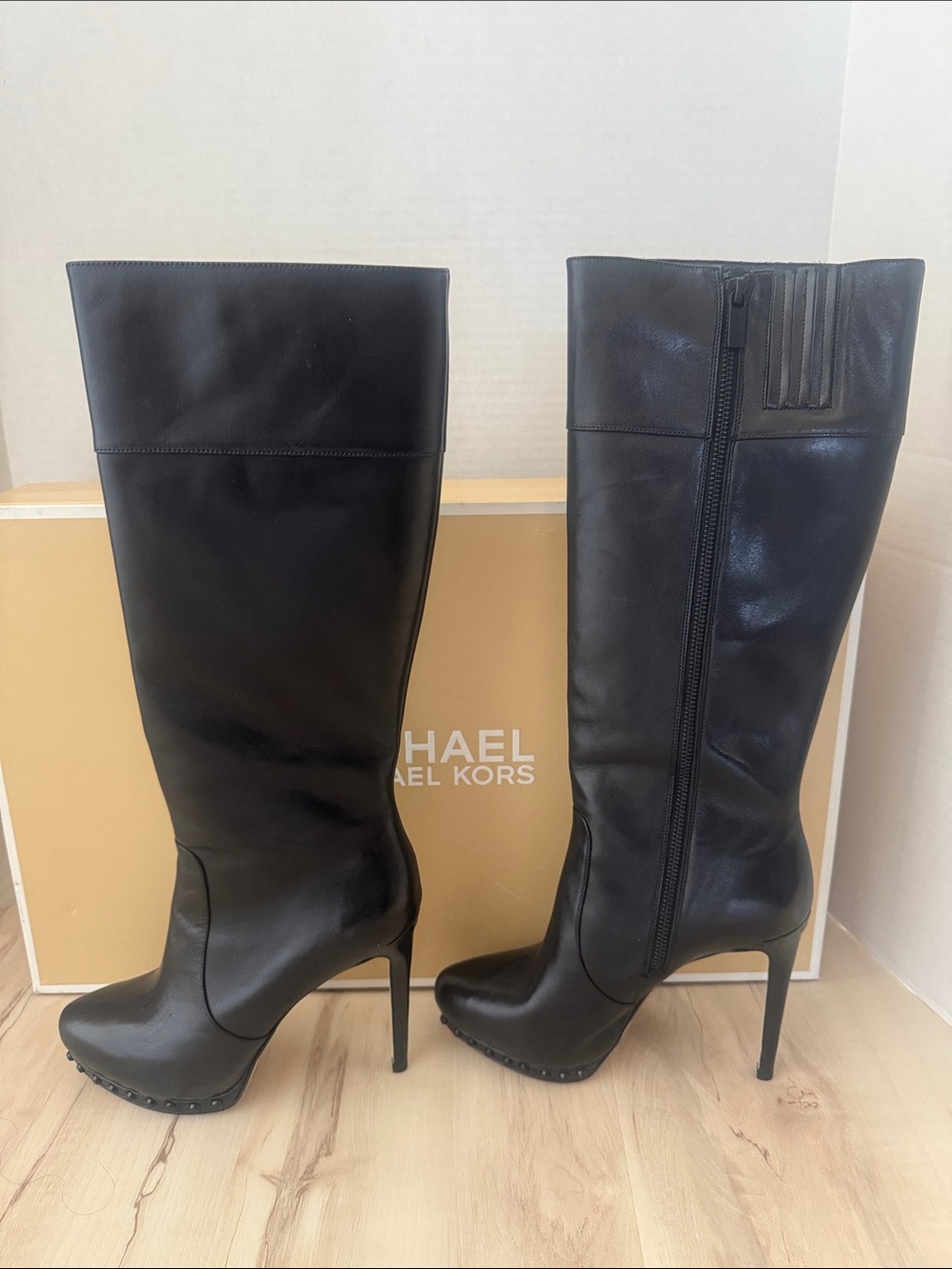 Michael Kors Black Leather Knee-High Stiletto Boots with Studded Platform